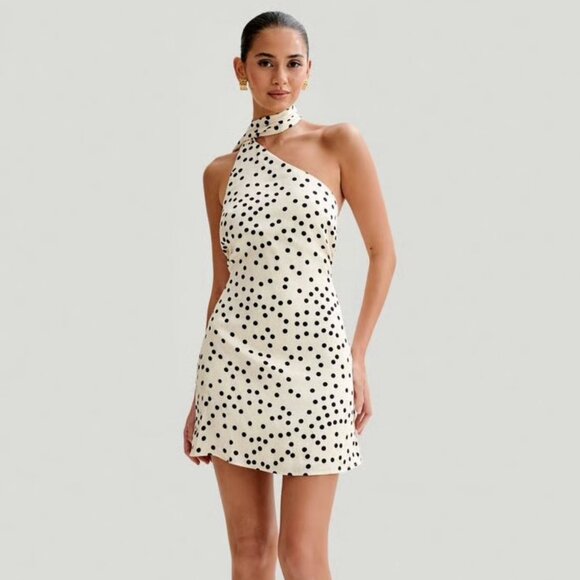 MESHKI Joan Satin Asymmetrical Polka Dot Mini Dress - Picture 1 of 9